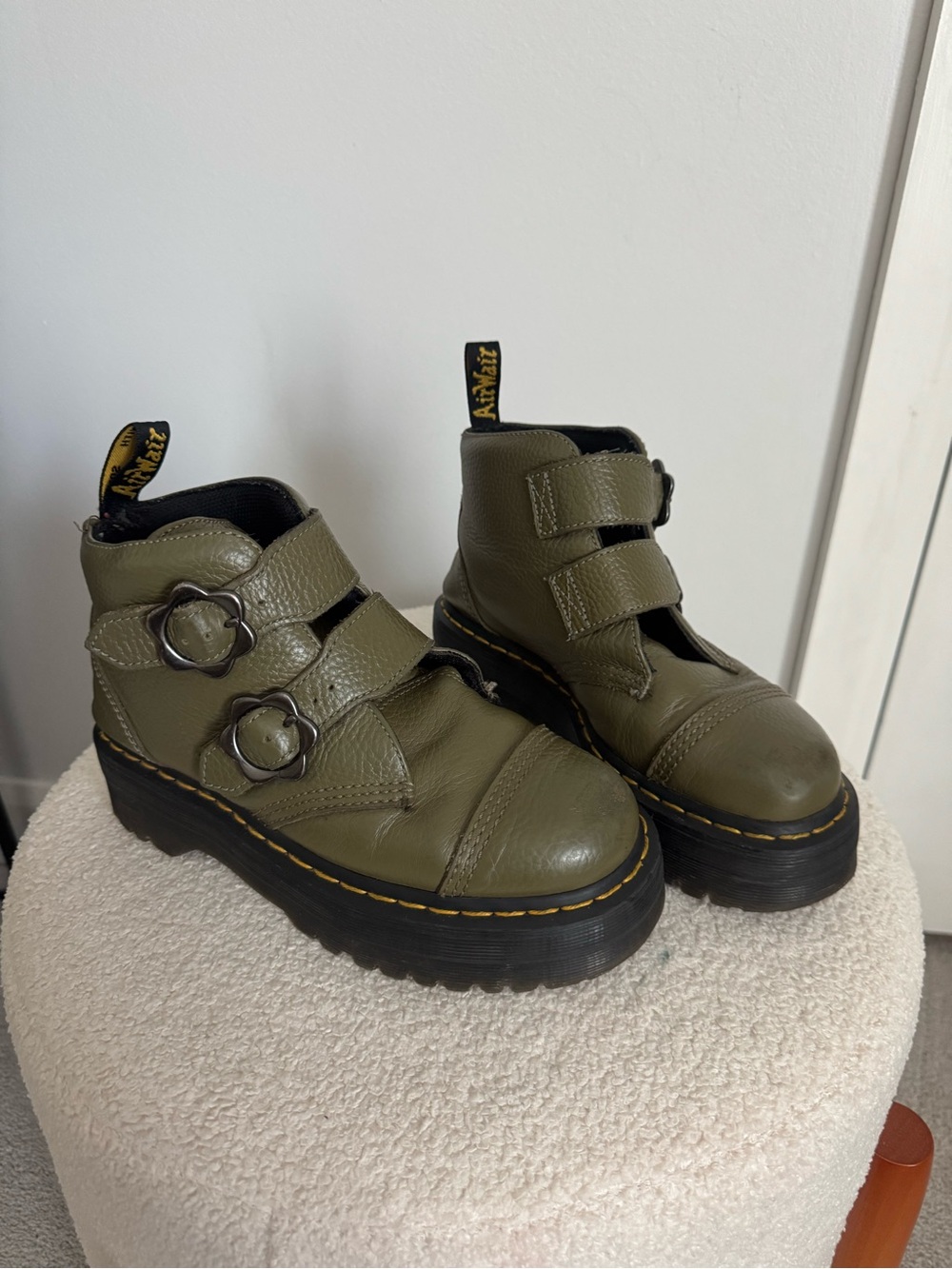 Dr. Martens Olive Green Leather Double-Buckle Platform Boots